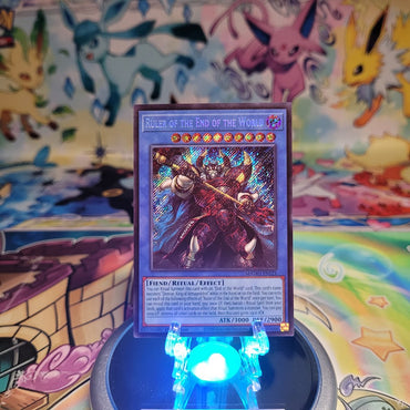A Secret Rare "Ruler of the End of the World" card from the Yugioh Set: Magnificent Monsters (MAMO).