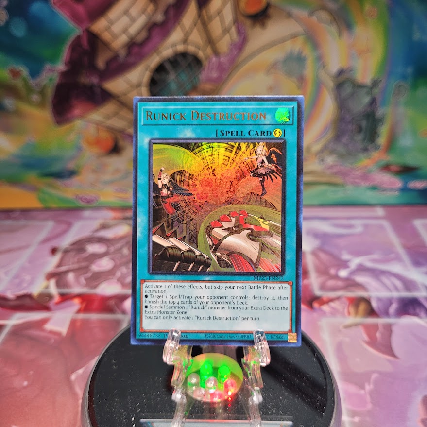 An Ultra Rare "Runick Destruction" card from the Yugioh Dueling Heroes Mega-Tin Mega Pack.