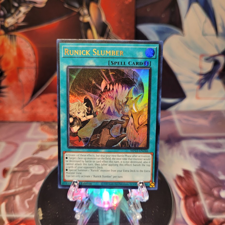 An Ultra Rare "Runick Slumber" card from the Yugioh 25th Anniversary Tin: Dueling Heroes set.