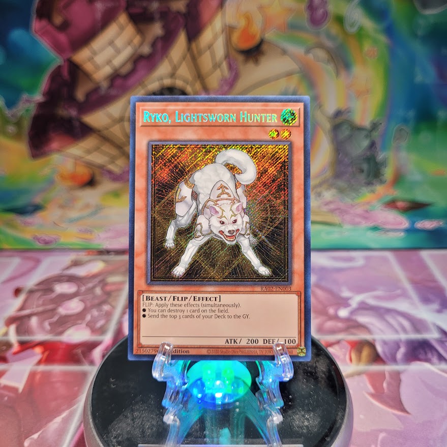 A Secret Rare "Ryko, Lightsworn Hunter" card from the Yugioh Set: Rarity Collection 2 (RA02).