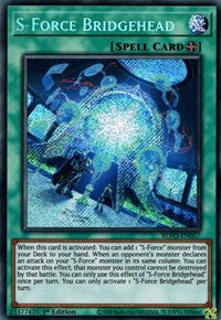 A Secret Rare "S-Force Bridgehead" card from the Yugioh Set: Blazing Vortex (BLVO).