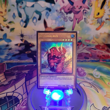 An Ultra Rare "Sabersaurus" card from the Yugioh Set: Battles of Legend: Glorious Gallery (BLGG).