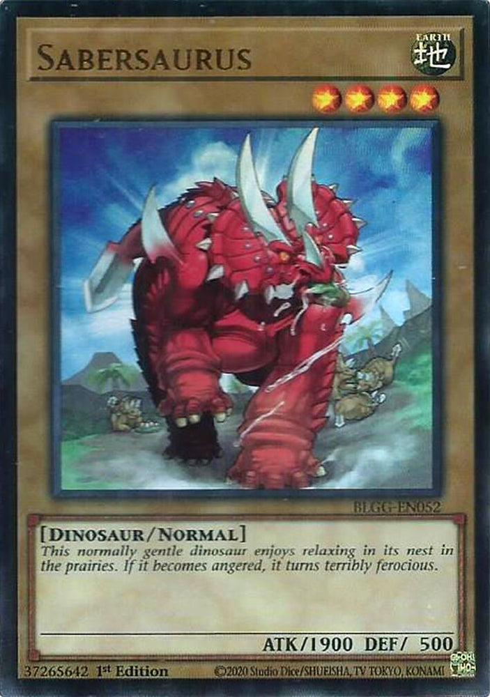 An Ultra Rare "Sabersaurus" card from the Yugioh Set: Battles of Legend: Glorious Gallery (BLGG).