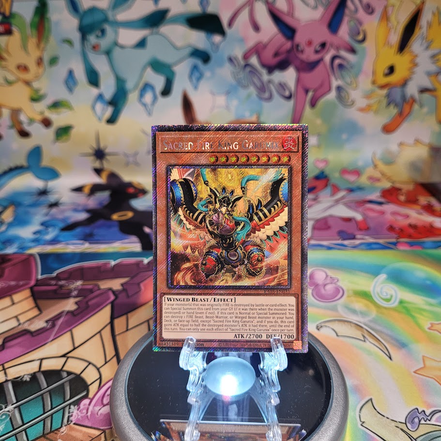 A Platinum Secret Rare "Sacred Fire King Garunix" card from the Yugioh Set: Rarity Collection 5 (RA05).