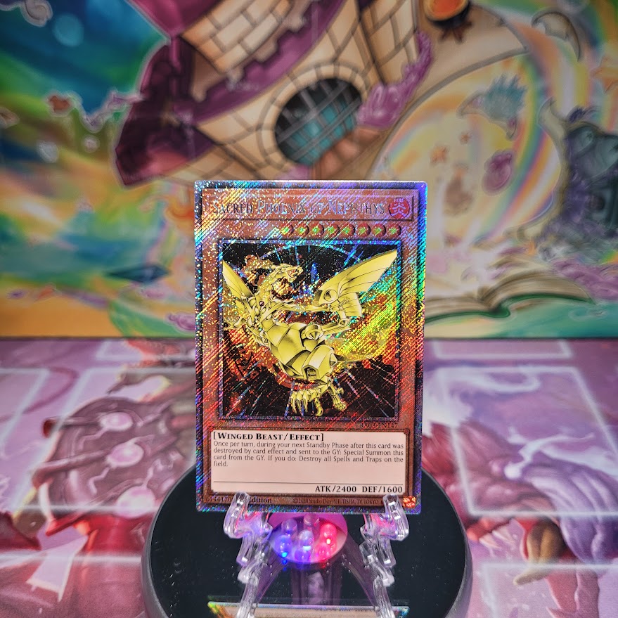 A Platinum Secret Rare "Sacred Phoenix of Nephthys" card from the Yugioh Set: Quarter Century Bonanza (RA03)