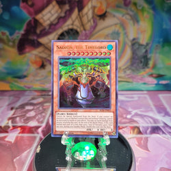 An Ultra Rare "Sadion, the Timelord" card from the Yugioh Set: Battles of Legend: Relentless Revenge.