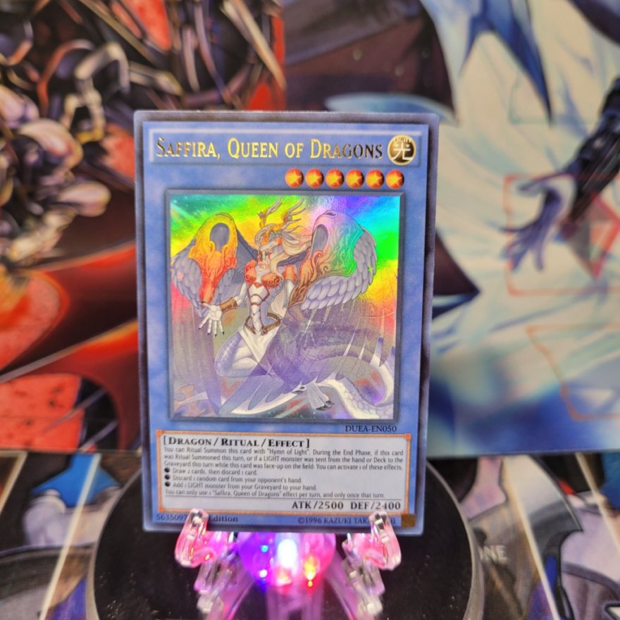 An Ultra Rare "Saffira, Queen of Dragons" card from the Yugioh Set: Duelist Alliance.