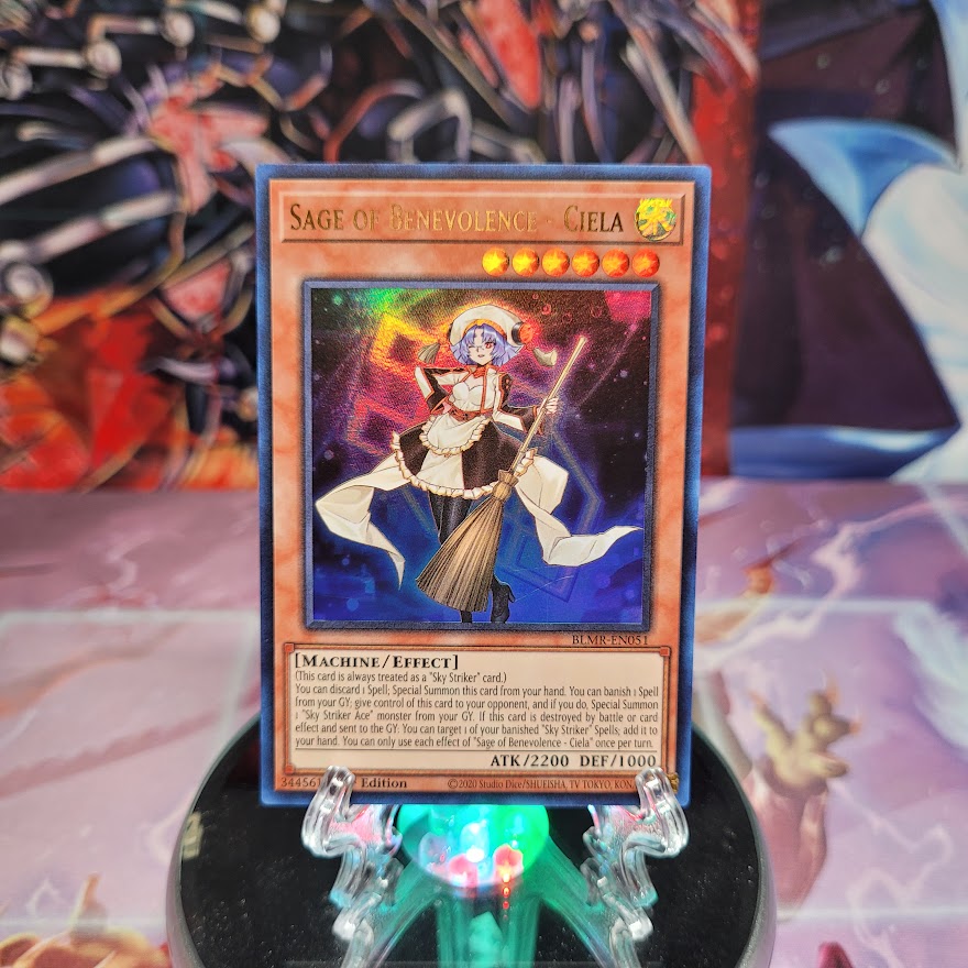 An Ultra Rare "Sage of Benevolence - Ciela" card from the Yugioh Set: Battles of Legend: Monstrous Revenge (BLMR).