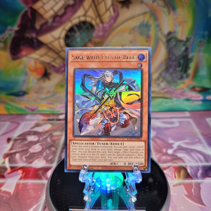 An Ultra Rare Silver "Sage with Eyes of Blue" card from the Yugioh Set: Battles of Legend: Chapter 1.