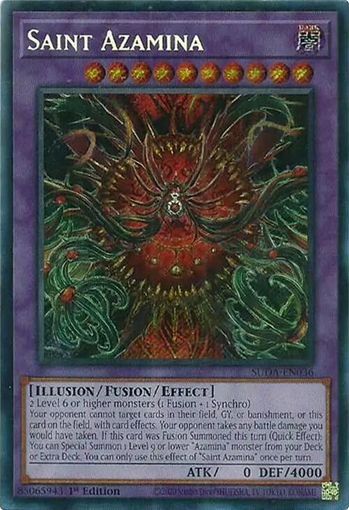 A Secret Rare "Saint Azamina" card from the Yugioh Set: Supreme Darkness (SUDA).