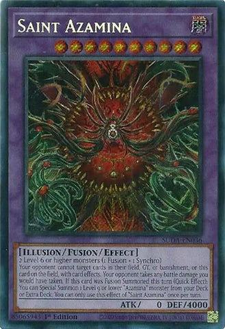 A Secret Rare "Saint Azamina" card from the Yugioh Set: Supreme Darkness (SUDA).