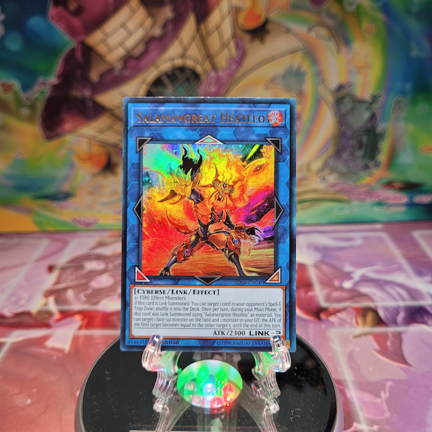 An Ultra Rare "Salamangreat Heatleo" card from the Yugioh Structure Deck: Soulburner.