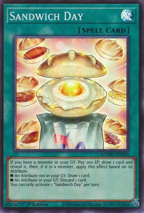 A Super Rare "Sandwich Day" card from the Yugioh Set: Maze of Muertos (MZMU).