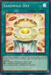 A Super Rare "Sandwich Day" card from the Yugioh Set: Maze of Muertos (MZMU).