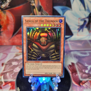 A Super Rare 25th Anniversary "Sanga of the Thunder" card from the Yugioh Set: Metal Raiders (MRD).