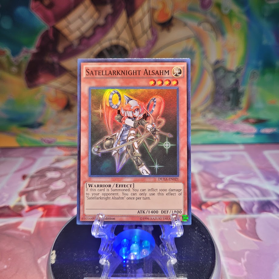 A Super Rare "Satellarknight Alsahm" card from the Yugioh Set: Duelist Alliance.