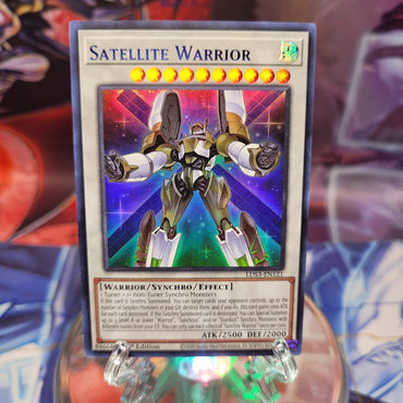 An Ultra Rare Blue "Satellite Warrior" card from the Yugioh Set: Legendary Duelists: Season 3.