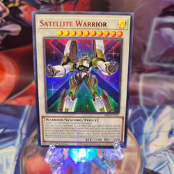 An Ultra Rare Red "Satellite Warrior" card from the Yugioh Set: Legendary Duelists: Season 3.