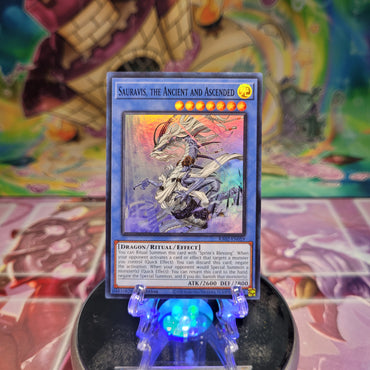 A Super Rare "Sauravis, the Ancient and Ascended" card from the Yugioh Set: Rarity Collection 2 (RA02).