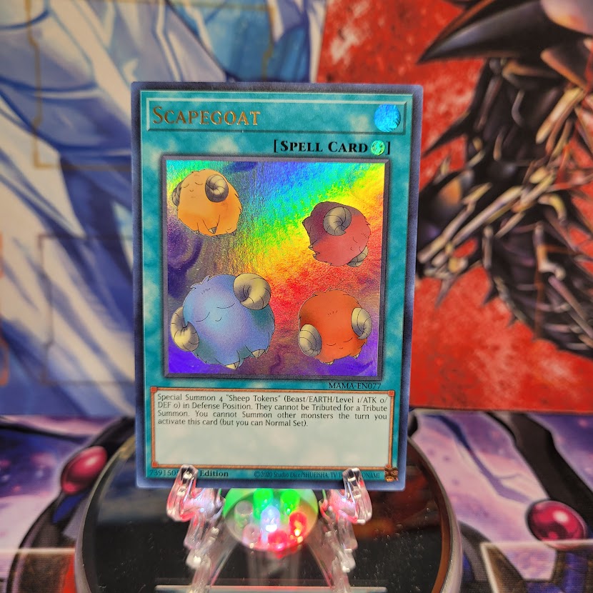 An Ultra Rare "Scapegoat" card from the Yugioh Set: Magnificent Mavens.