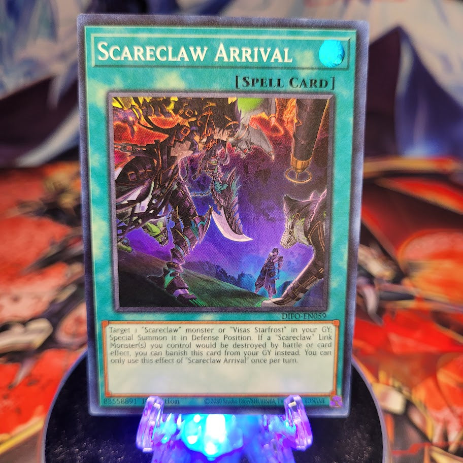  A Super Rare "Scareclaw Arrival" card from the Yugioh Set: Dimension Force.