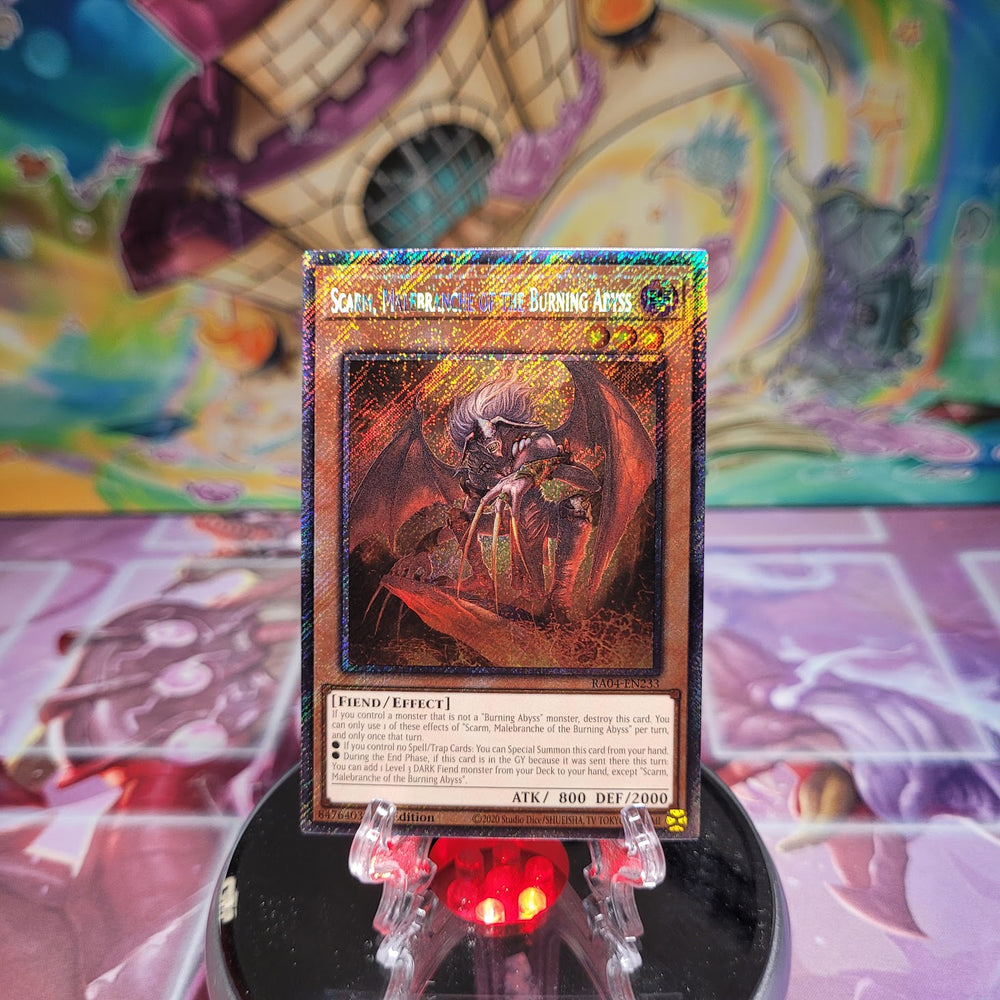 A Platinum Secret Rare "Scarm, Malebranche of the Burning Abyss" card from the Yugioh Set: Quarter Century Stampede (RA04).