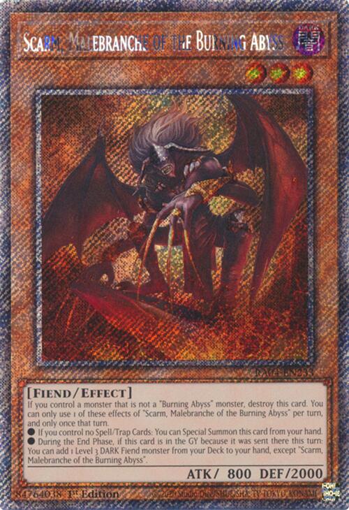 A Platinum Secret Rare "Scarm, Malebranche of the Burning Abyss" card from the Yugioh Set: Quarter Century Stampede (RA04).