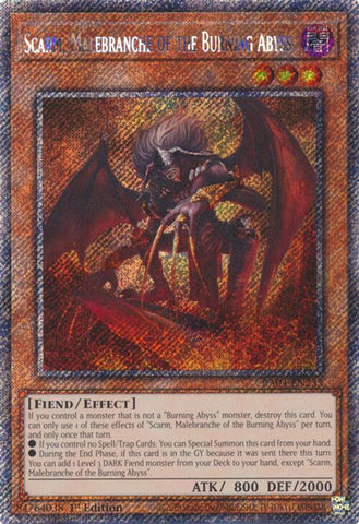 A Platinum Secret Rare "Scarm, Malebranche of the Burning Abyss" card from the Yugioh Set: Quarter Century Stampede (RA04).