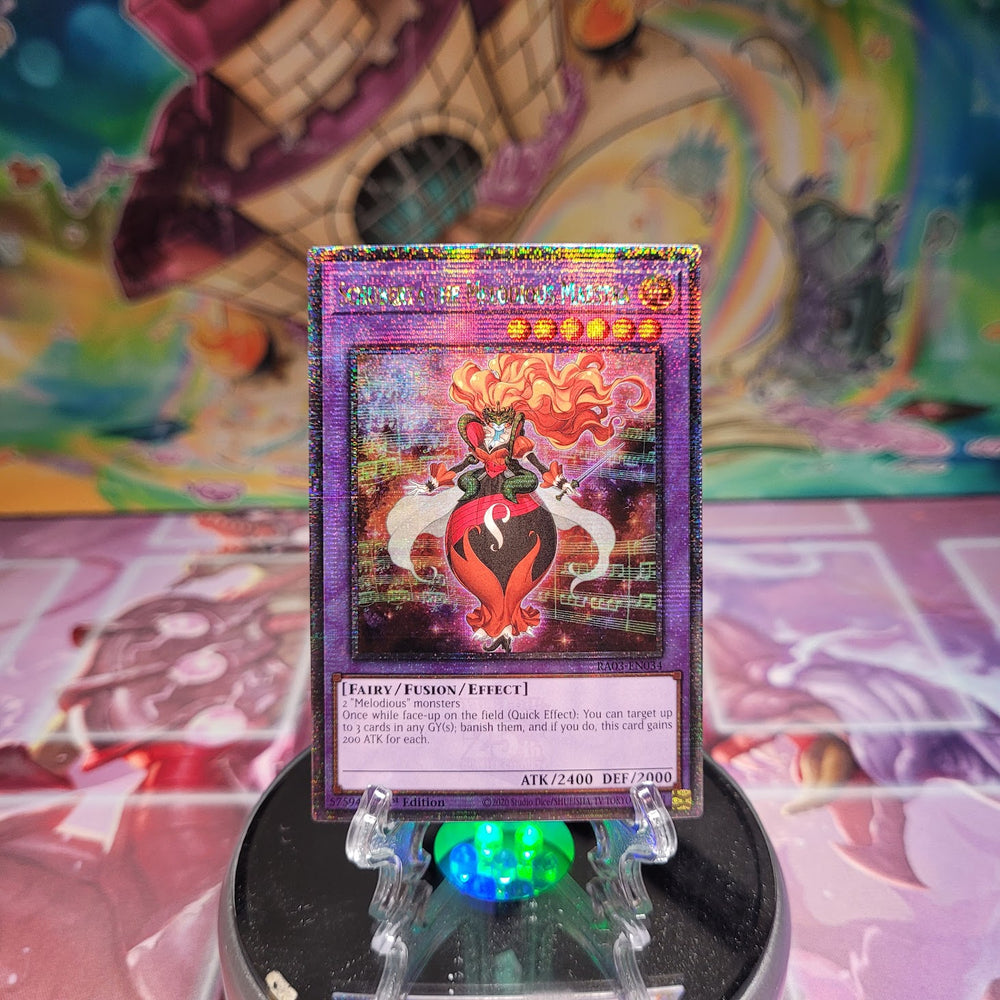 A Quarter Century Secret Rare "Schuberta the Melodious Maestra" card from the Yugioh Set: Quarter Century Bonanza (RA03).