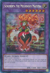A Secret Rare "Schuberta the Melodious Maestra" card from the Yugioh Set: Quarter Century Bonanza (RA03).