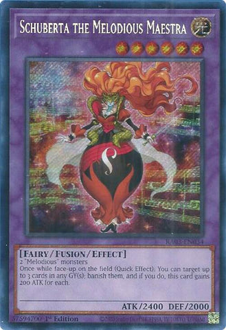 A Secret Rare "Schuberta the Melodious Maestra" card from the Yugioh Set: Quarter Century Bonanza (RA03).