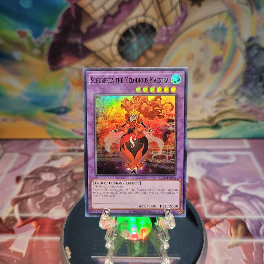 A Super Rare "Schuberta the Melodious Maestra" card from the Yugioh Set: Quarter Century Bonanza (RA03).