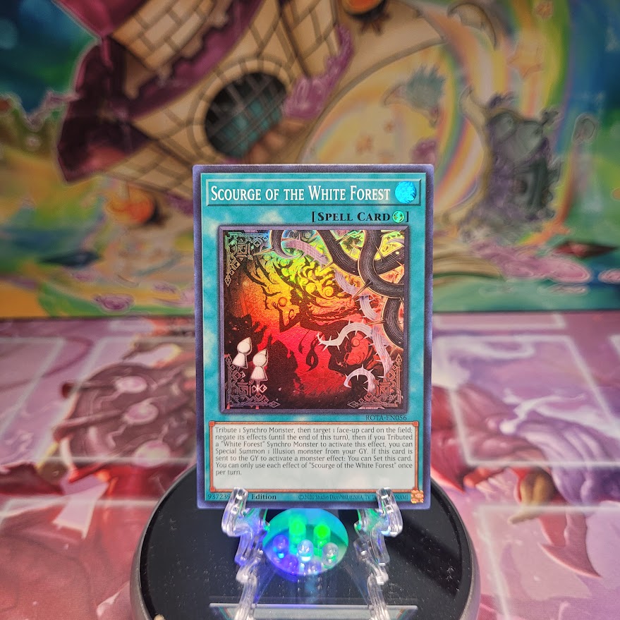 A Super Rare "Scourge of the White Forest" card from the Yugioh Set: Rage of the Abyss (ROTA).