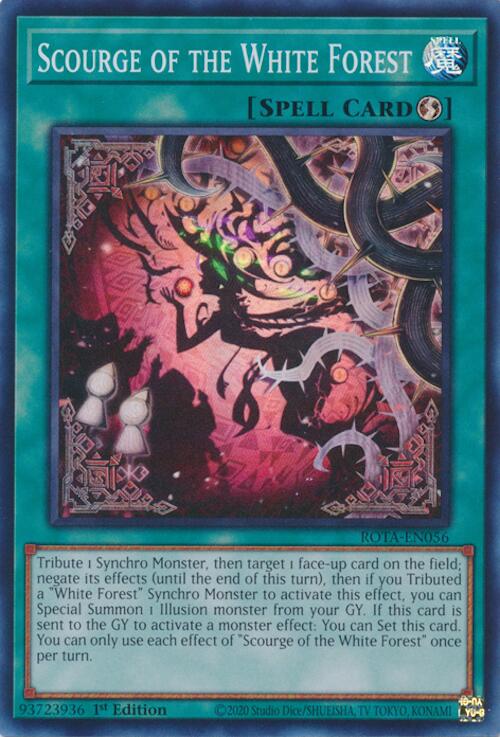 A Super Rare "Scourge of the White Forest" card from the Yugioh Set: Rage of the Abyss (ROTA).
