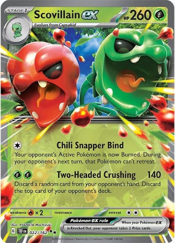 A Double Rare "Scovillain Ex" (022/162) card from the Pokemon Set: Scarlet & Violet: Temporal Forces (TEF).