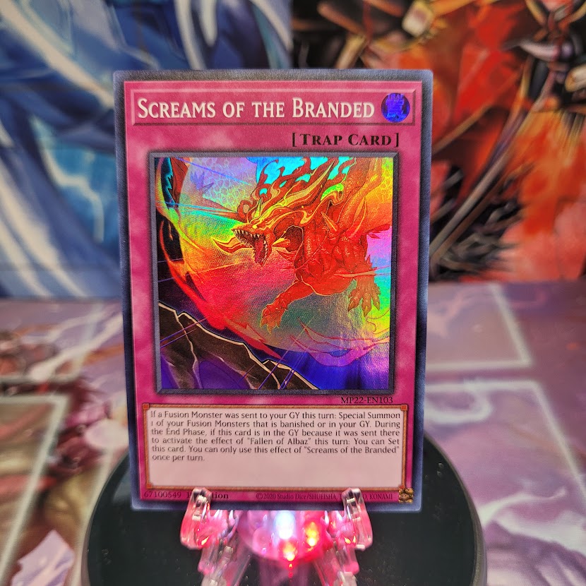 A Super Rare "Screams of the Branded" card from the Yugioh 2022 Tin of the Pharaoh's Gods Set (MP22).