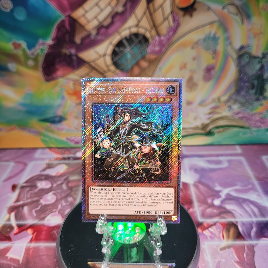 A Platinum Secret Rare "Secret Six Samurai - Kizaru" card from the Yugioh Set: Quarter Century Bonanza (RA03)