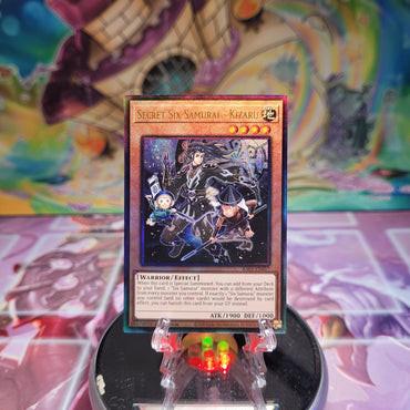 A Prismatic Ultimate Rare "Secret Six Samurai - Kizaru" card from the Yugioh Set: Quarter Century Bonanza (RA03).