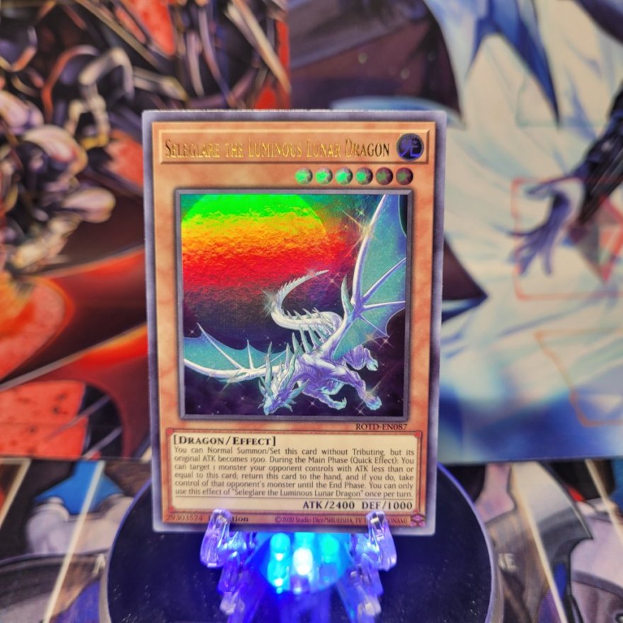 An Ultra Rare "Seleglare the Luminous Lunar Dragon" card from the Yugioh Set: Rise of the Duelist (ROTD).