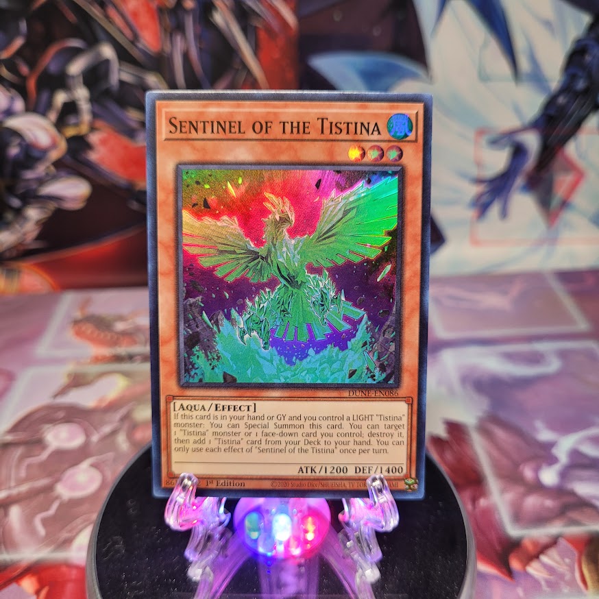 A Super Rare "Sentinel of the Tistina" card from the Yugioh Set: Duelist Nexus. 