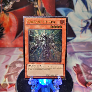 An Ultimate Rare "Sergeant Electro" card from the Yugioh Set: Photon Shockwave (PHSW).