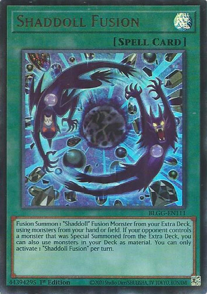 An Ultra Rare "Shaddoll Fusion" card from the Yugioh Set: Battles of Legend: Glorious Gallery (BLGG).