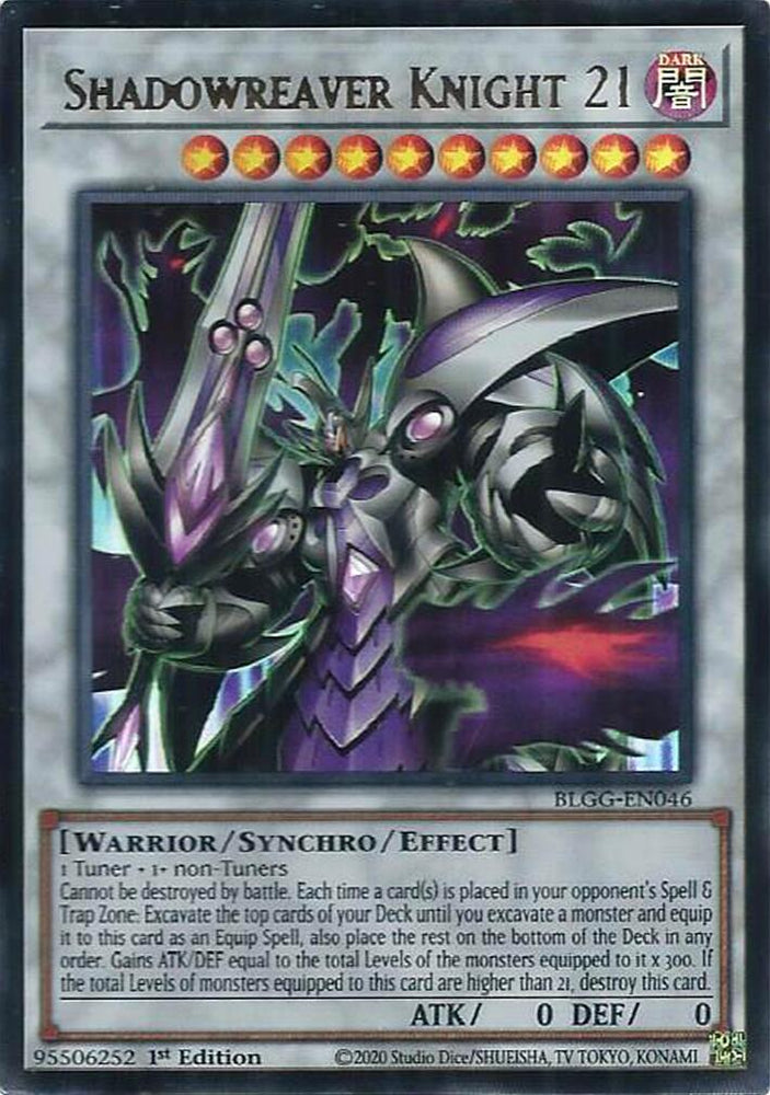 An Ultra Rare "Shadowreaver Knight 21" card from the Yugioh Set: Battles of Legend: Glorious Gallery (BLGG).