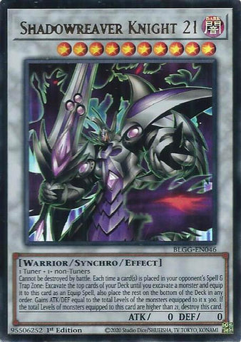 An Ultra Rare "Shadowreaver Knight 21" card from the Yugioh Set: Battles of Legend: Glorious Gallery (BLGG).