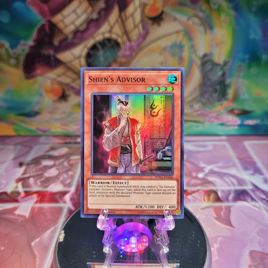 A Super Rare "Shien's Advisor" card from the Yugioh Set: Spirit Warriors.