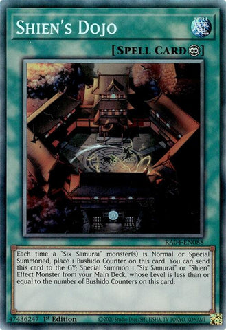 A Prismatic Collector's Rare "Shien's Dojo" card from the Yugioh Set: Quarter Century Stampede (RA04).