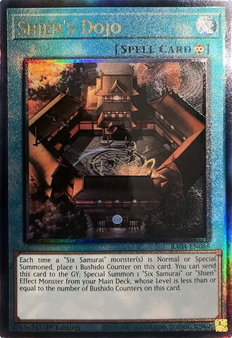 A Prismatic Ultimate Rare "Shien's Dojo" card from the Yugioh Set: Quarter Century Stampede (RA04).