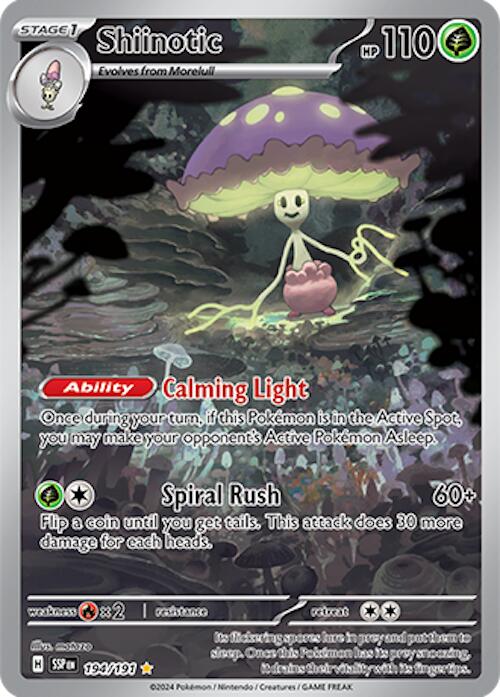An Illustration Rare "Shiinotic" (194/191) card from the Pokemon Set: Scarlet & Violet: Surging Sparks (SSP).