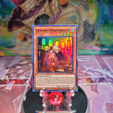 A Super Rare "Shiranui Spiritmaster" card from the Yugioh Set: Hidden Summoners.