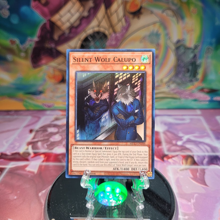 A Super Rare "Silent Wolf Calupo" card from the Yugioh Dueling Heroes Mega-Tin Mega Pack.